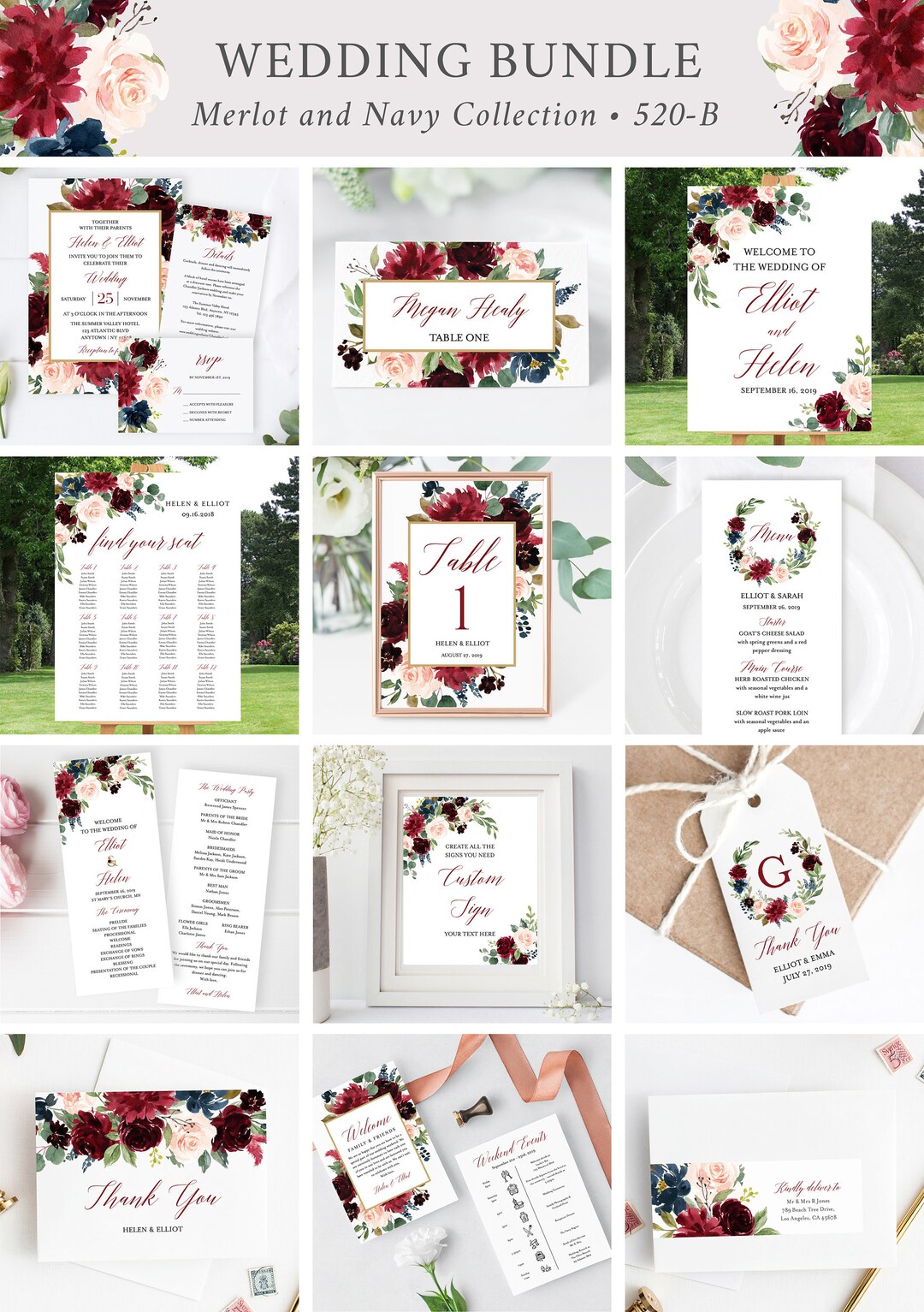 Merlot Navy Editable Wedding Bundle, Burgundy Printable Invitation Suite Sign Menu Seating Chart ...