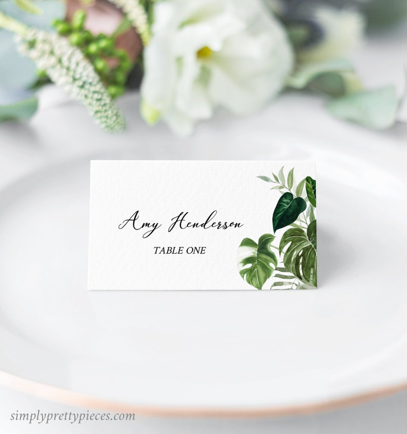 Monstera Place Cards Tropical Greenery Name Card, Monstera Wedding Name Card, Palms Seating Card Printable Name Card Editable Template 550-A image 1