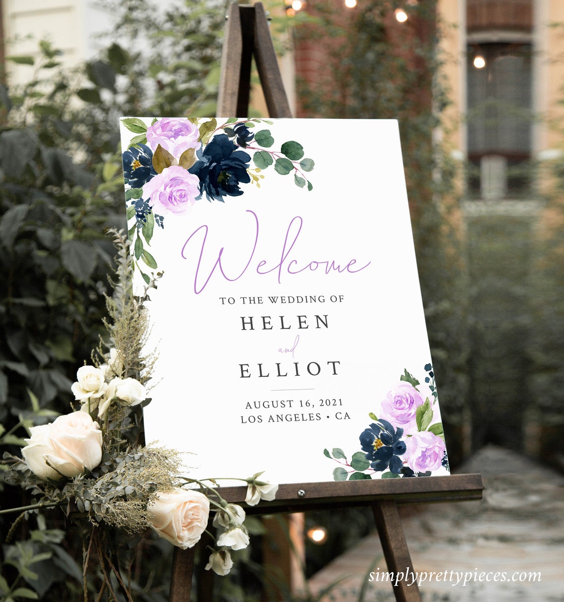 Navy Lilac Floral Editable Wedding Welcome Sign Lavender image 1