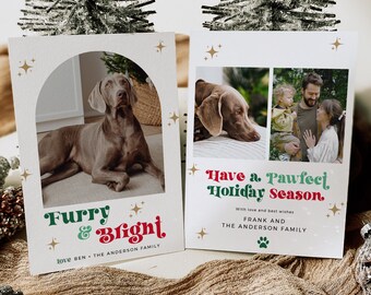 Editable Furry & Bright Holiday Card, Pet Christmas Card Template with Photo Printable Dog Christmas Card Retro Holiday Card Boho Xmas 214-A