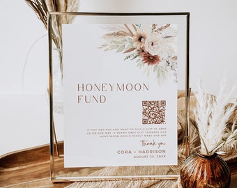 Editable Boho Terracotta Honeymoon Fund Sign, Modern Venmo Honeymoon Wish Sign, QR Code Printable Wedding Cash Gift, Template Download 590-A