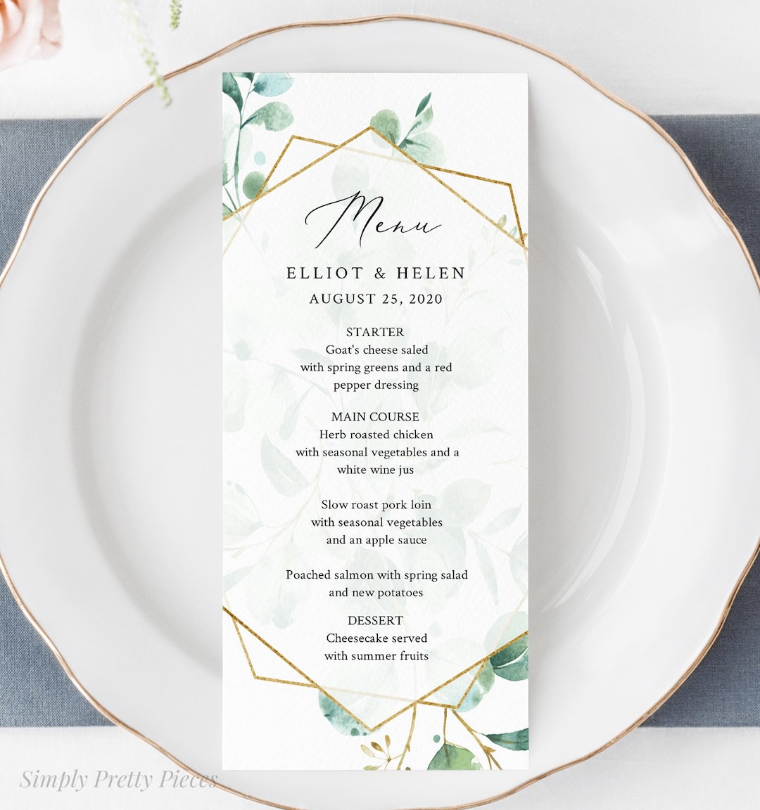 Eucalyptus Geometric Editable Menu, Greenery Gold Table Wedding Menu ...