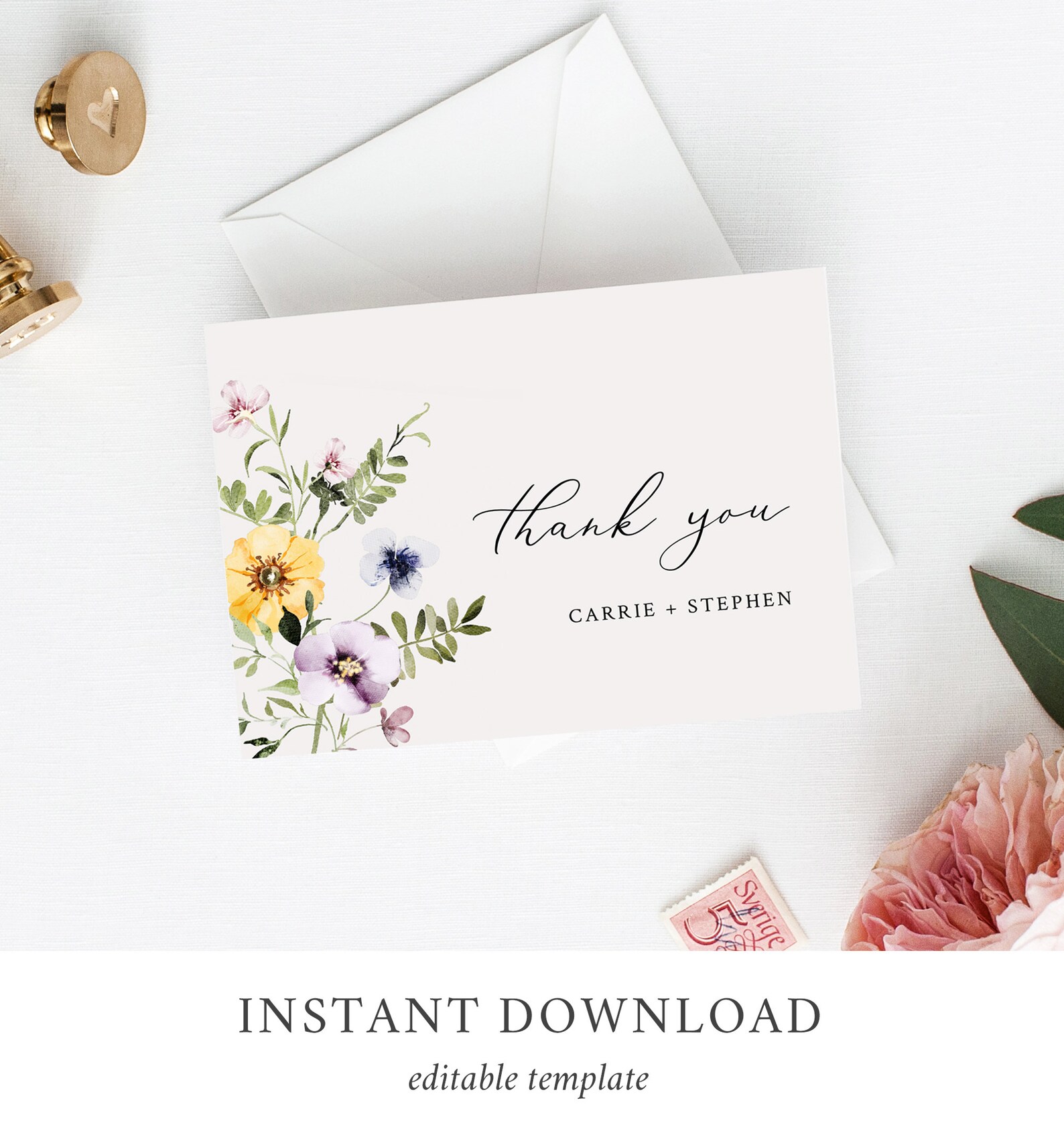Wildflower Editable Thank You Cards, Printable Green Purple Pink Floral ...