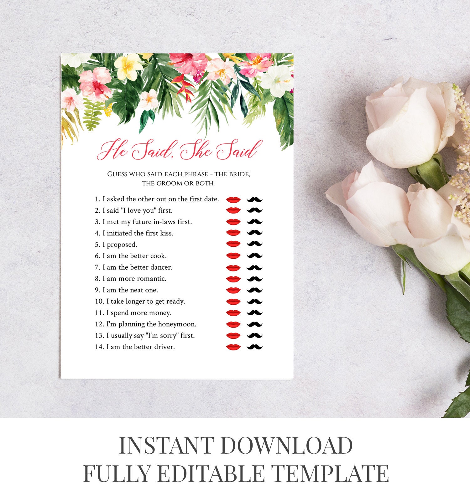 DIY Template Coral Blush Printable Bridal Guess Who Said It Game Instant Download 571-A Editable Fuchsia Peonies He Said She Said Game DIY Template Coral Blush Printable Bridal Guess Who Said It Game Instant Download 571-A Editable Fuchsia Peonies He Said She Said Game