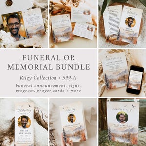 Woodland Funeral Bundle for Man, Fall Memorial Bundle, Mountain Celebration of Life Pack Rustic In Loving Memory Set Editable Template 599-A