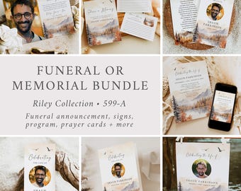 Fall Memorial Bundle, Mountain Celebration of Life Pack Woodland Funeral Bundle for Man  Rustic In Loving Memory Set Editable Template 599-A