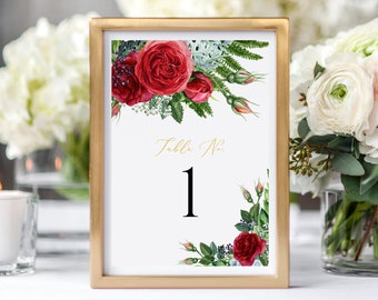 Red Rose Editable Table Numbers, Printable Winter Table Numbers, Fern, Red Gold Greenery DIY Template, Instant Download, Templett, 541-A