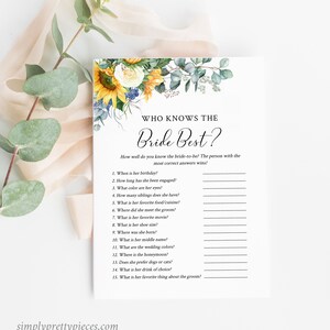 Sunflower Editable Bridal Shower Games Bundle, Yellow Floral Bridal ...
