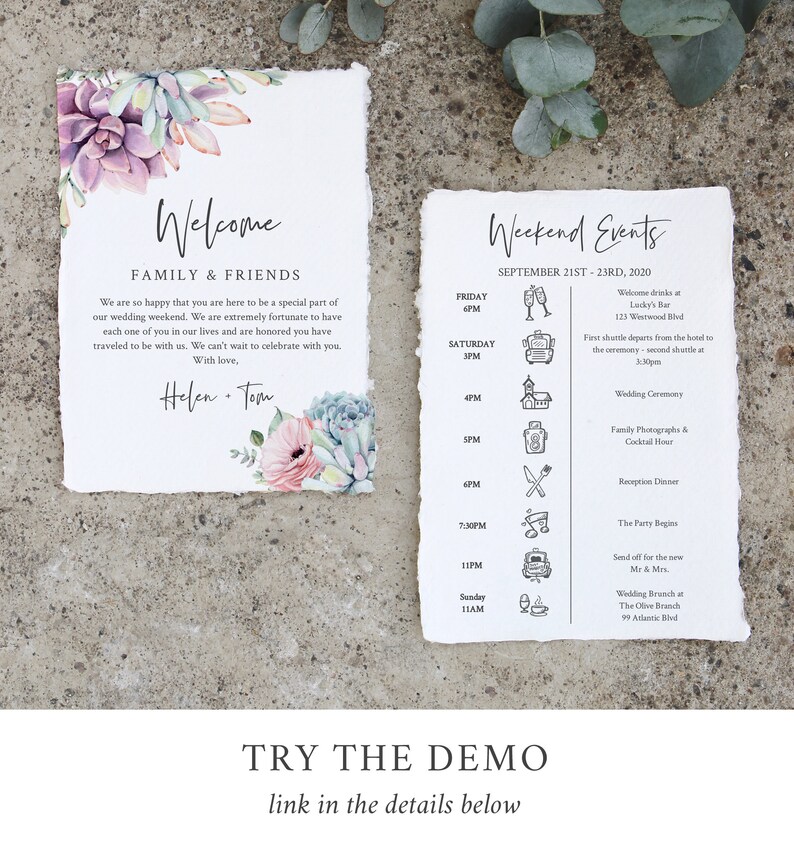 May include: A wedding invitation suite featuring a watercolour succulent design. The welcome card includes a floral illustration and the text "Welcome Family & Friends". The second card lists the weekend events with times and descriptions. The text "Weekend Events" is written in a script font.