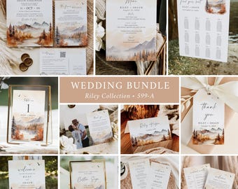 Mountain Wedding Invitation Set, Rustic Wedding Stationery Set, Woodland Wedding Bundle Fall Wedding Pack, Outdoors, Editable Template 599-A