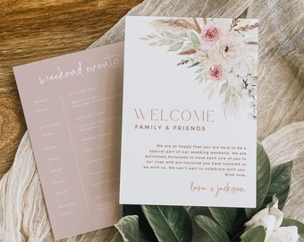 Dusty Rose Pampas Grass Wedding Timeline, Boho Wedding Weekend Itinerary, Modern Welcome Bag Letter, Order Events, Editable Template, 593-A