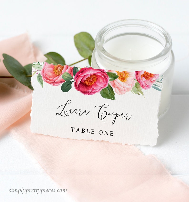 Fuchsia Peonies Editable Place Cards Pink Floral Greenery image 1