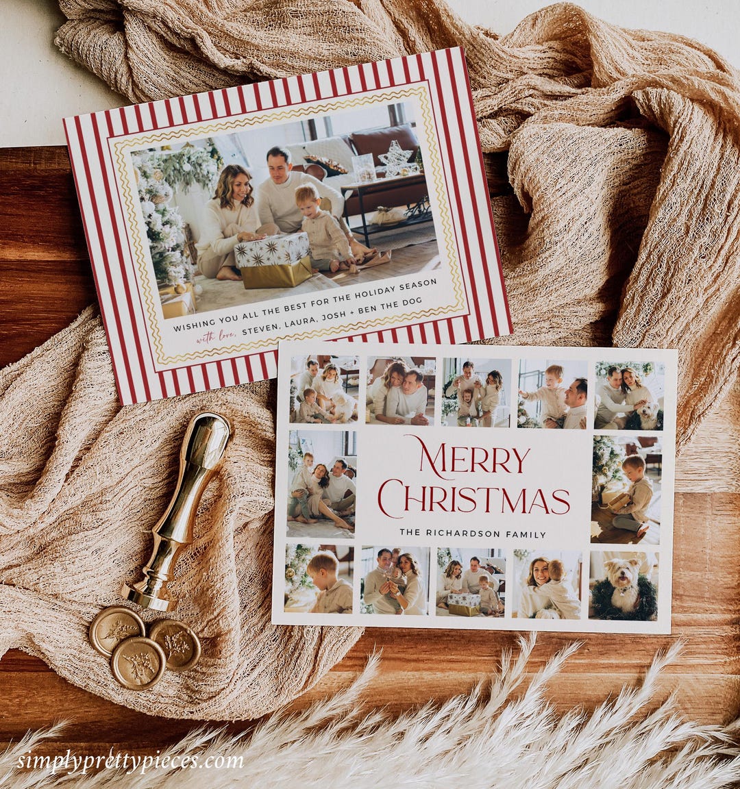 Vintage Christmas Card Template With Photo Collage, Editable Striped