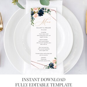 May include: A wedding menu template with a floral design featuring pink and blue flowers. The menu includes the names Elliot & Helen and the date 09.26.2020. The menu lists the starter, main course, and dessert.