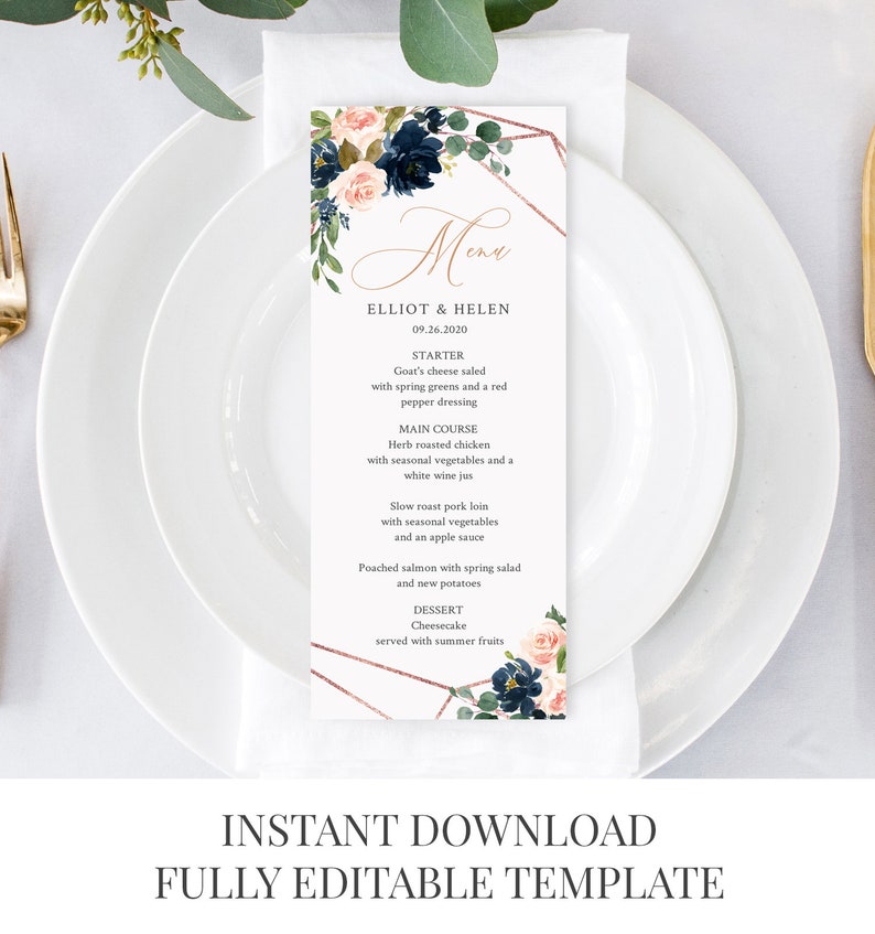 May include: A wedding menu template with a floral design featuring pink and blue flowers. The menu includes the names Elliot & Helen and the date 09.26.2020. The menu lists the starter, main course, and dessert.