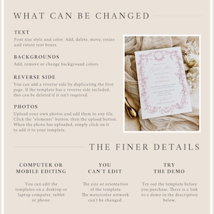 May include: A guide to customizing a wedding invitation template. The text explains what can be changed, such as the font, colors, and photos. It also explains what cannot be changed, such as the size or orientation of the template. The image shows a sample wedding invitation with a floral design in pink and white.