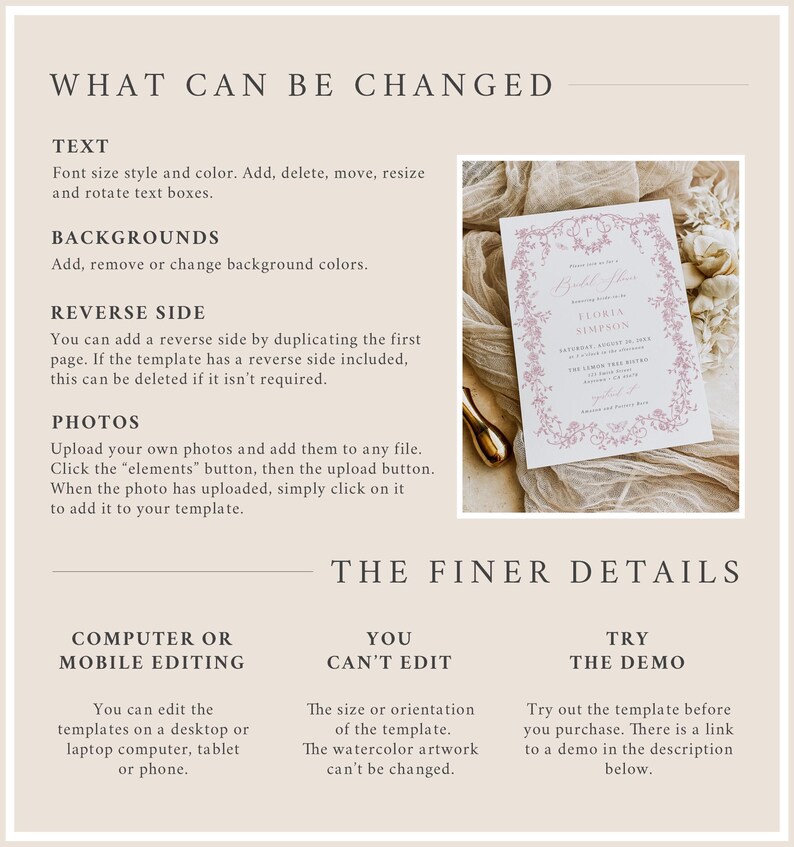 May include: A guide to customizing a wedding invitation template. The text explains what can be changed, such as the font, colors, and photos. It also explains what cannot be changed, such as the size or orientation of the template. The image shows a sample wedding invitation with a floral design in pink and white.