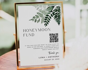 Editable Honeymoon Fund Sign, Printable Modern Botanical Venmo Honeymoon Wish Sign, QR Code Fern Wedding Cash Gift, Template, Download 586-A