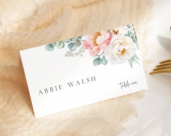 Blush Floral Place Card Peony Name Card, Peony Place Card, Summer Wedding Seating Card, Eucalyptus Modern Editable Name Card Template, 507-A