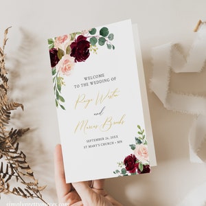 Burgundy Blush Gold Editable Booklet Program, Foldable Pink Floral Wedding Program, Printable Program DIY Template A4 Instant Download 574-A