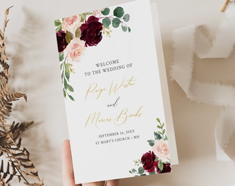 Editable Burgundy Blush Gold Booklet Program, Printable Foldable Pink Floral Wedding Program, Program DIY Template A4 Instant Download 574-A