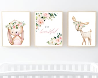 Blush Hello Beautiful Woodland Animals Boho Printable Nursery Art, Forest Animals, Floral Nursery Art, Deer Rabbit Set of 3, Download 614-A