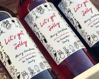 Doodles Full Size Wine Bottle Sticker, Hand Drawn Christmas Wine Bottle Label Template Printable Holiday Drink Gift Label, Editable, 222-A