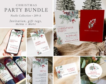 Editable Christmas Party Bundle, Holiday Party Pack, Printable Modern Christmas Invite, Menu Tag Template, Red Green, Instant Download 209-A