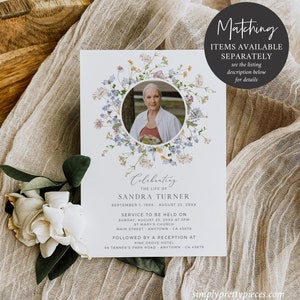May include: A memorial service announcement card featuring a floral wreath design and a photograph of a woman. The card includes the name Sandra Turner, dates of birth and death, service details, and reception information.
