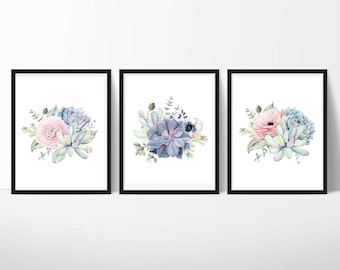 Succulent Printable Art, Watercolor Succulent Home Decor, Botanical Wall Art, Plant Art Gift, Modern Scandi, Set of 3, Instant Download