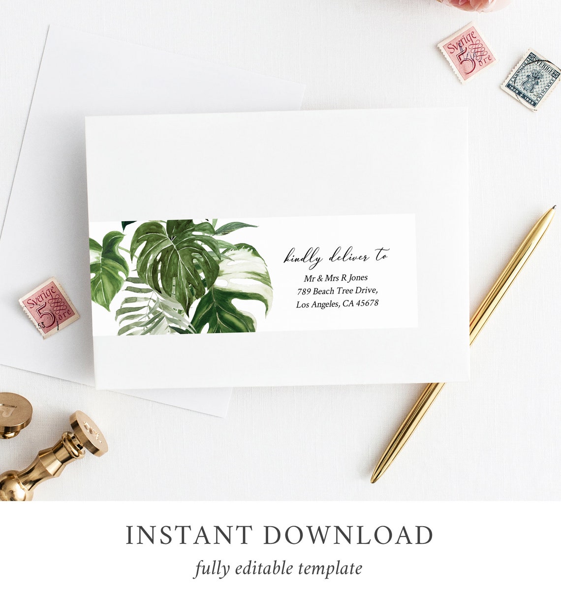 Monstera Editable Wrap Around Address Label Template, Printable ...