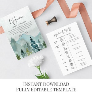 May include: A printable wedding weekend schedule template with a watercolor mountain background. The schedule includes a welcome drinks reception, wedding ceremony, family photographs, cocktail hour, reception dinner, and the party begins. The text reads "Weekend Events September 1st - 23rd, 2019".