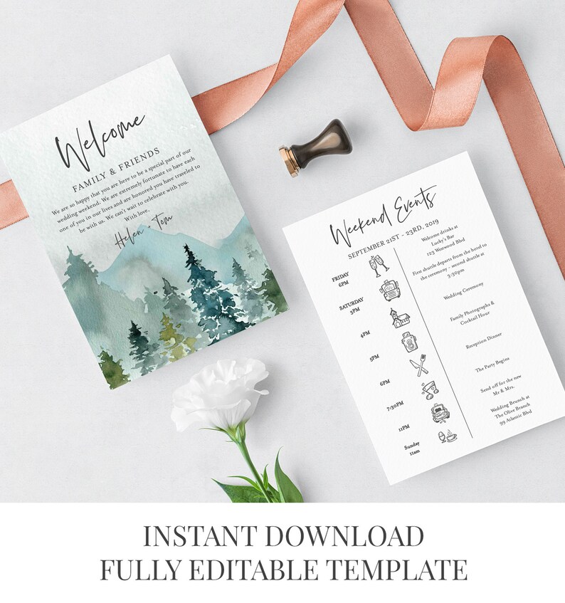 May include: A printable wedding weekend schedule template with a watercolor mountain background. The schedule includes a welcome drinks reception, wedding ceremony, family photographs, cocktail hour, reception dinner, and the party begins. The text reads "Weekend Events September 1st - 23rd, 2019".