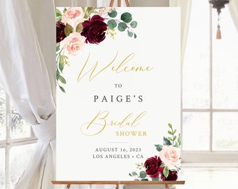 Gold Burgundy Blush Floral Editable Bridal Shower Welcome Sign, Pink Rose Shower Sign, 16 x 20 18 x 24 24 x 36 Template Inst Download 574-A