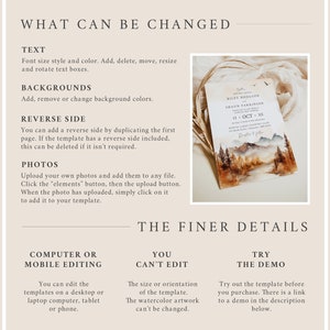 May include: A wedding invitation template with a watercolor illustration of a mountain landscape with trees and a lake. The text on the invitation reads "Riley Modgson and Shaun Parkinson, 15 Oct XX".