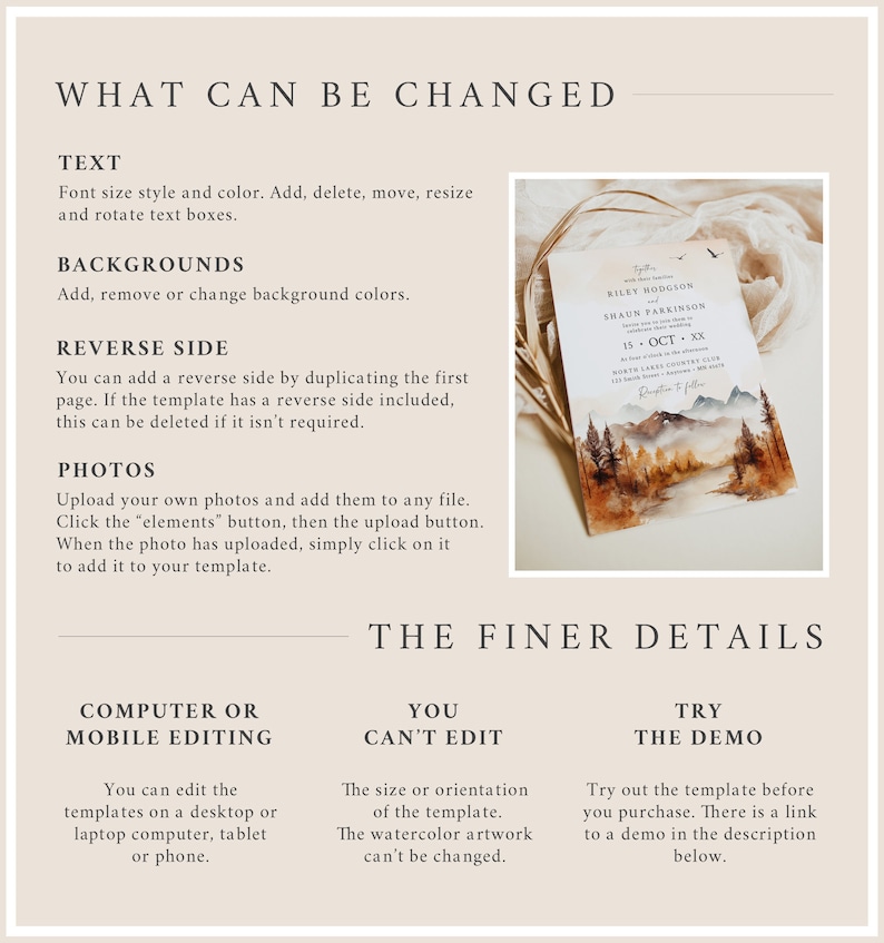 May include: A wedding invitation template with a watercolor illustration of a mountain landscape with trees and a lake. The text on the invitation reads "Riley Modgson and Shaun Parkinson, 15 Oct XX".