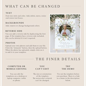 May include: A printable template for a memorial sign with a watercolour floral design in shades of blue, yellow, and green. The template features a photo placeholder and the text "Celebrating the Life of Sandra Turner".