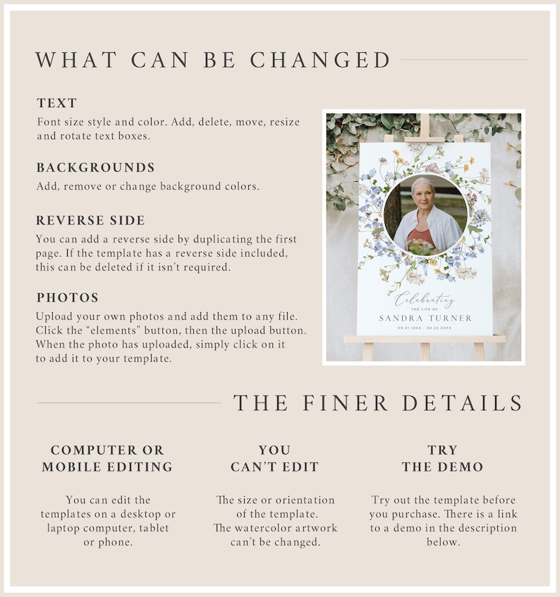 May include: A printable template for a memorial sign with a watercolour floral design in shades of blue, yellow, and green. The template features a photo placeholder and the text "Celebrating the Life of Sandra Turner".