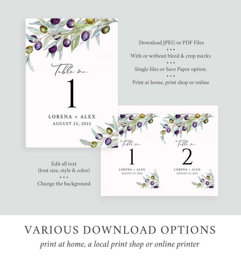 Editable Olive Table Numbers Printable Olive Tree Branch Etsy
