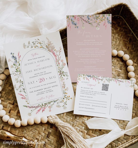 Dusty Pink Wildflower Wedding Invitation Set QR Code RSVP, Floral