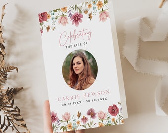 Foldable Celebration of Life Program Printable Memorial Booklet, Wildflower Funeral Booklet Program Woman, Editable Program Template 595-A