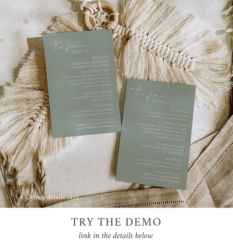 May include: Two 5 x 3.5 inch light blue cards with white text. The cards are for a wedding and include details about the reception, accommodations, and transportation. The text on the cards reads "The finer details" and includes the name of the hotel, the address, and the phone number.