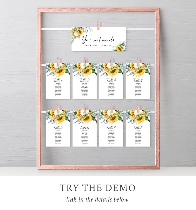 K&ouml;nnte beinhalten: Ein Satz von acht Tischkarten mit Sonnenblumen-Motiv f&uuml;r eine Hochzeit oder eine andere Veranstaltung. Jede Karte zeigt ein Sonnenblumen-Design und den Text "Tisch 1" bis "Tisch 8". Die Karten h&auml;ngen an einem Drahtgestell mit W&auml;scheklammern.