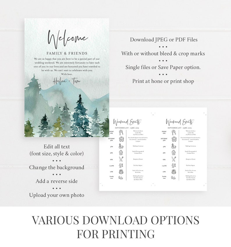 Woodland Mountains Editable Welcome Bag Letter Itinerary, Rustic Wedding Timeline, Printable Order of Events Template Instant Download 531-A image 4