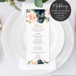 May include: A wedding menu card featuring a floral design in shades of pink, blue, and green. The menu lists the starter, main course, and dessert for the wedding reception of Elliot and Helen on 25th September 2021.