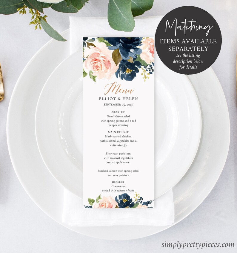 May include: A wedding menu card featuring a floral design in shades of pink, blue, and green. The menu lists the starter, main course, and dessert for the wedding reception of Elliot and Helen on 25th September 2021.
