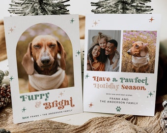 Editable Furry & Bright Holiday Card Dog Christmas Card Template with Photo, Printable Pet Christmas Card Retro Holiday Card Boho Xmas 215-A