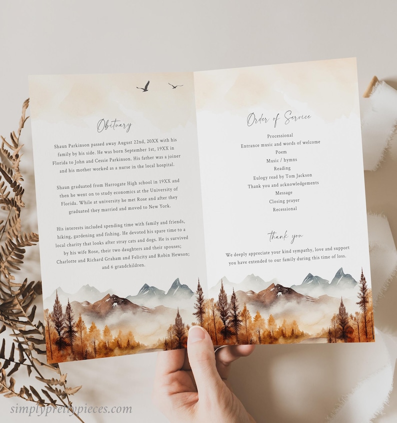May include: A funeral program with a watercolor illustration of a mountain range with trees in autumn colors. The text on the program includes the order of service, an obituary for Shaun Parkinson, and a thank you message to attendees.