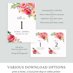 May include: Pink floral wedding table number card with the text "table no. 1" and "ALICE + JOSHUA AUGUST 20, 2023".