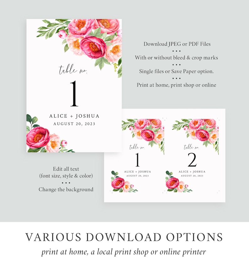 May include: Pink floral wedding table number card with the text "table no. 1" and "ALICE + JOSHUA AUGUST 20, 2023".